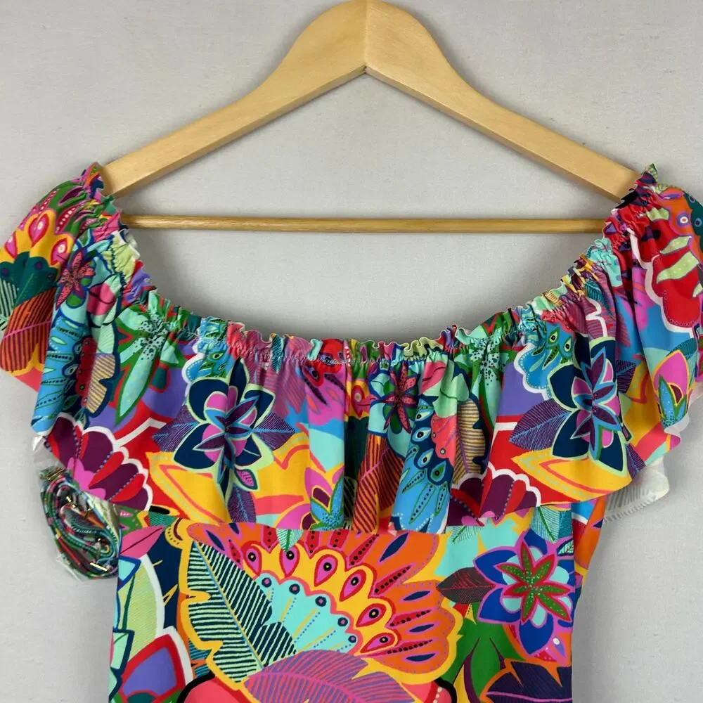 Bleu Rod Beattie Make It Pop Ruffle Shoulder Swimsuit RBMP22738-TJ Womens Size 8